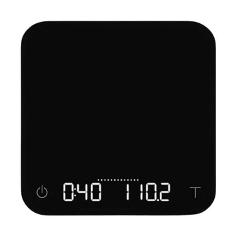 Black Acaia Pearl Coffee Scale with timer and weight reading on the LED display