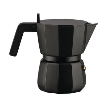 Black Alessi Moka 3-cup espresso maker side view on a white background, showing the handle, spout and angular octagonal design.