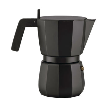 Black Alessi Moka 6-cup espresso maker side view on a white background, showing the left handle, right spout and angular octagonal body.