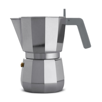 Grey Alessi Moka 6 Cup stovetop espresso maker with grey handle and faceted aluminium design