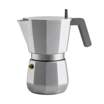 Grey Alessi Induction Moka 9 Cup coffee maker angled right to left with grey handle and faceted aluminium body