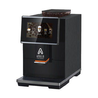 Apollo 11 automatic coffee machine with touchscreen drink selection, integrated bean hopper, and black commercial design