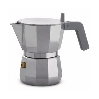 Grey Alessi Moka 1 Cup coffee maker angled right to left with grey handle, brass safety valve and faceted aluminium body