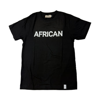 Bean There African text t-shirt front view with bold white typography on black cotton