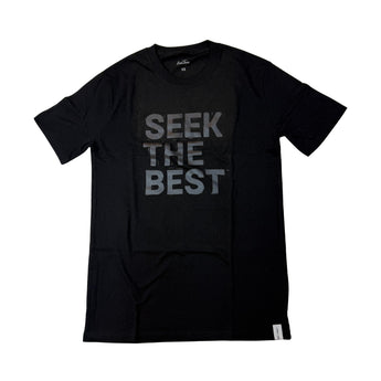 Bean There Seek The Best t-shirt front view with bold statement print on black cotton