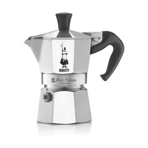 Bialetti Moka Express 1 cup aluminium stovetop coffee maker with black handle on a white background.