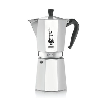 Bialetti Moka Express 12 cup moka pot with polished aluminium body and ergonomic black handle.