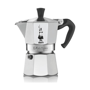 Bialetti Moka Express 2 cup aluminium moka pot with octagonal body and black handle on white background.