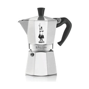 Bialetti Moka Express 4 cup aluminium moka pot with safety valve, spout and black handle.