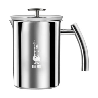 Bialetti Tuttocrema Stainless Steel milk frother with polished body, lid, handle and Bialetti logo on white background.