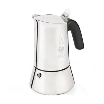 Bialetti Venus stainless steel moka pot on a white background, showing the polished body, black handle and open lid