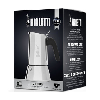 Bialetti Venus 4 Cup moka pot retail box showing the stainless steel induction model and 170 ml capacity