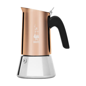 Bialetti Venus Copper 6 Cup moka pot on a white background with copper finish, stainless steel base and ergonomic black handle