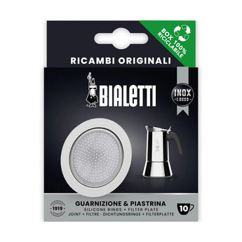 Bialetti Venus replacement silicone gasket and stainless steel filter plate set for 10 cup moka pots in original retail packaging.