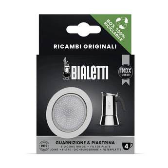 Bialetti Venus replacement silicone rings and filter plate set for 4 cup moka pots in original packaging.