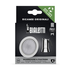 Bialetti Venus replacement silicone rings and filter plate set for 4 cup moka pots in original packaging.