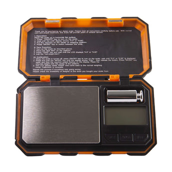 Brewtool Coffee Scale Pro with stainless steel weighing platform, LCD display and protective orange and black case open on a white background