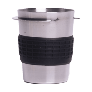 Stainless steel Brewtool Dosing Cup with black textured silicone grip band and side tabs, shown on a white background.