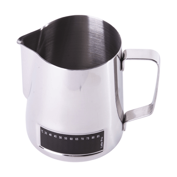 Large stainless steel Brewtool frothing jug with strip thermometer, angled spout, and sturdy handle for milk steaming and latte art, shown on a white background.