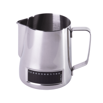 600ml Stainless steel Brewtool frothing jug with integrated strip thermometer, precision pouring spout, and ergonomic handle, shown on a white background.