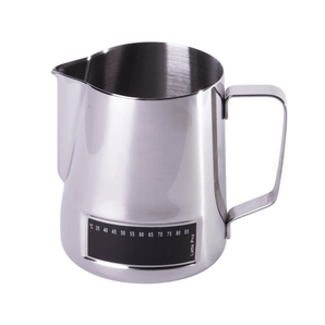 600ml Stainless steel Brewtool frothing jug with integrated strip thermometer, precision pouring spout, and ergonomic handle, shown on a white background.