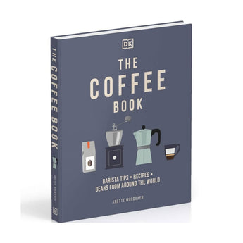 Angled view of The Coffee Book by Anette Moldvaer showing hardcover design with illustrated coffee equipment on the front