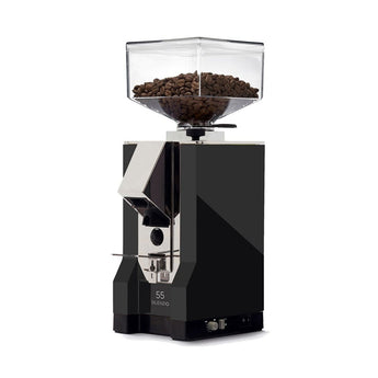 Eureka Mignon Silenzio 55 espresso grinder in black with clear hopper, three quarter view