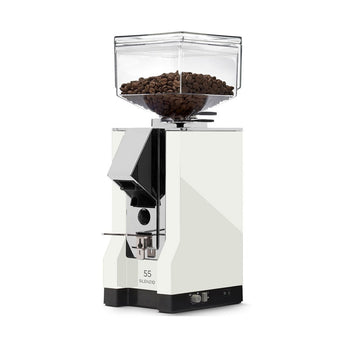 Eureka Mignon Silenzio 55 espresso grinder in white with bean hopper filled, angled side view