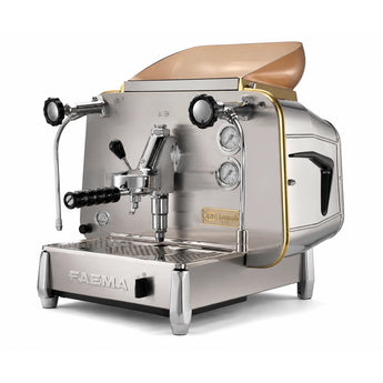FAEMA E61 Legend 1 Group espresso machine angled front view with stainless steel body, brass trim, steam wand, hot water wand and dual pressure gauges