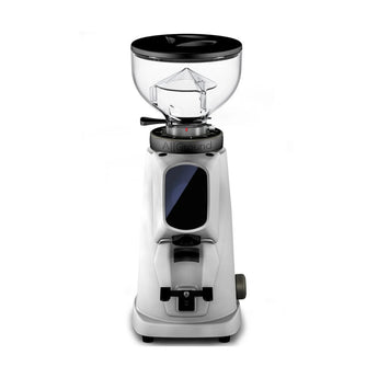 Front view of the white Fiorenzato AllGround Sense coffee grinder with a clear hopper, touchscreen display, and portafilter holder.