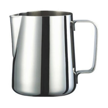 Brewtool stainless steel frothing milk jug with precision pouring spout and ergonomic handle for steaming and latte art.