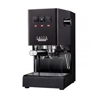 Black Gaggia Classic espresso machine angled view with steam wand and control switches
