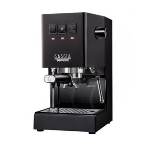 Black Gaggia Classic espresso machine angled view with steam wand and control switches
