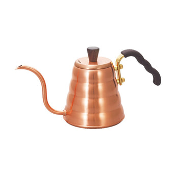 Hario Buono Copper gooseneck kettle with wooden lid knob and black handle on a white background
