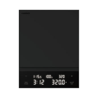 Hario Polaris coffee scale in black, top view with the display showing a 1:15.5 ratio and 320 g