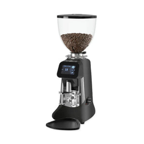 Black Hey Buddy Grinder featuring a full bean hopper, digital control panel, and portafilter cradle, displayed on a white background.