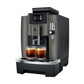 Jura W8 automatic coffee machine brewing two espresso coffees with one touch functionality