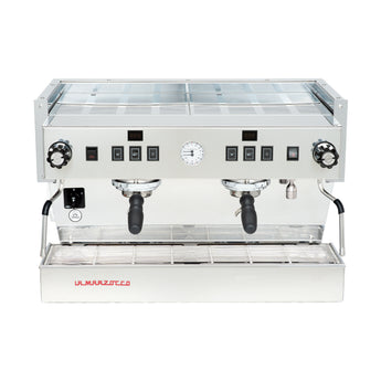 Front view of La Marzocco Linea Classic S 2 Group showing dual portafilters, control panel and pressure gauge