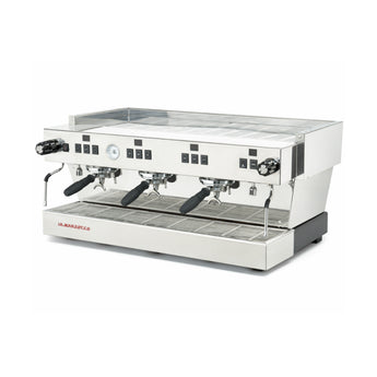 La Marzocco Linea Classic S 3 group espresso machine at a front-right angle showing polished steel finish, group heads, and drip tray