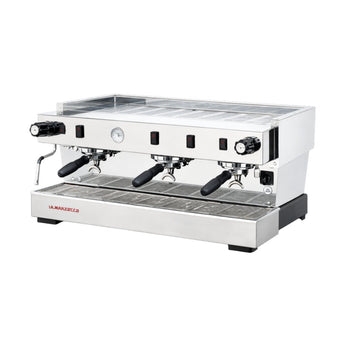 Angled front-left view of La Marzocco Linea Classic S espresso machine showing controls and group heads