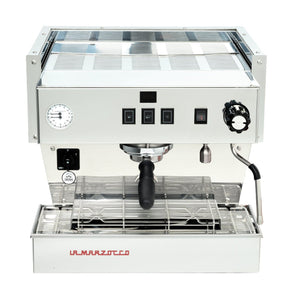 Front view of La Marzocco Linea Classic S with portafilter, pressure gauge and control buttons