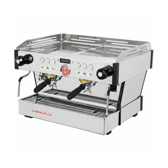 La Marzocco Linea PB S 2 group espresso machine shown at a front-left angle with stainless steel body, dual group heads, and steam wands