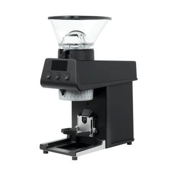 Front angled view of the black La Marzocco Pico grinder with digital dosing panel and clear bean hopper.