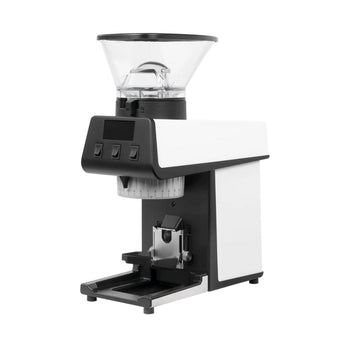 Front angled view of the white La Marzocco Pico grinder with digital controls and portafilter holder visible.