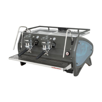 Three-quarter front view of La Marzocco Strada S 2 group AV espresso machine in matte grey finish