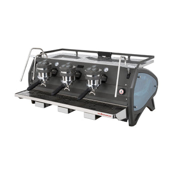 Wide angle view of La Marzocco Strada S 3 group espresso machine in grey finish with chrome detailing