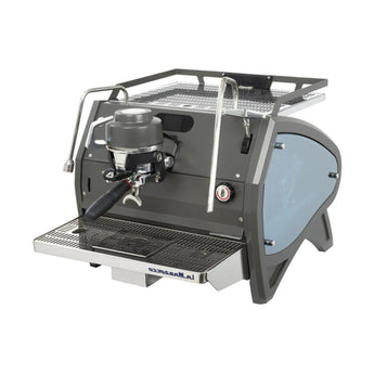 Angled front view of La Marzocco Strada X 1 Group espresso machine with steam wand and brew group detail