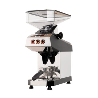 Front angled view of the La Marzocco Swan grinder showing the control buttons, clear hopper, and portafilter holder in place.