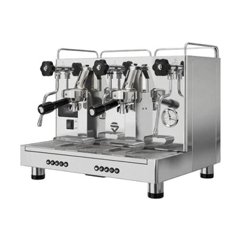 Lelit GiuliettaX two-group commercial espresso machine angled left view in polished stainless steel