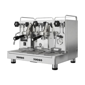 Lelit GiuliettaX two-group commercial espresso machine angled left view in polished stainless steel